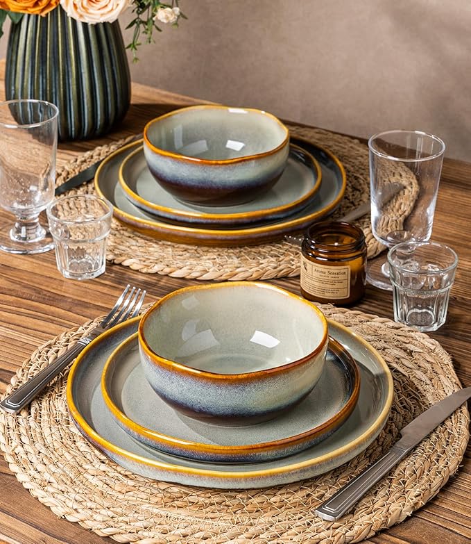 TheTerra Ceramic Dinnerware Sets for 6, 18 Pieces Handmade Reactive Glaze Plates and Bowls Sets, Scratch Resistant Dish Set, Oven & Microwave & Dishwasher Safe, Brown Blue