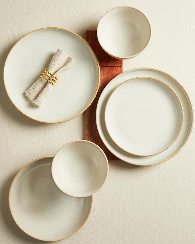 Stoneware Dinnerware Sets, Ceramic Plates and Bowls Set, Microwave & Dishwasher Safe Kitchen Dishes, Modern Dinner Salad Plates | Cereal Bowls, Dishware Sets Service for 4 Yellow White