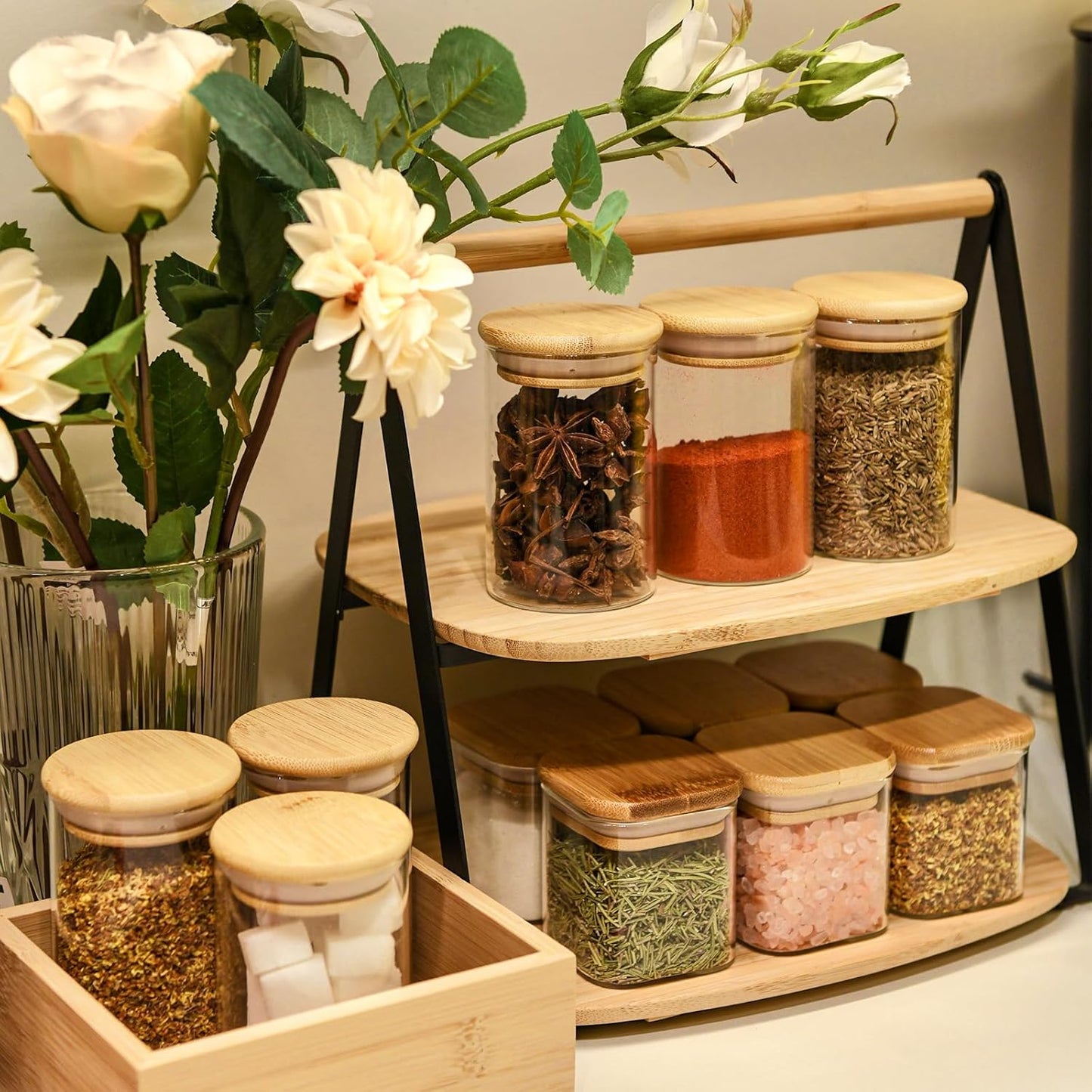 8oz Glass Food Storage Jars, Glass Jars with Bamboo Lids, Kitchen Storage Jars, Set of 12, Canisters with Airtight Lids for Spice, Coffee, Cookie, Pantry Organizers