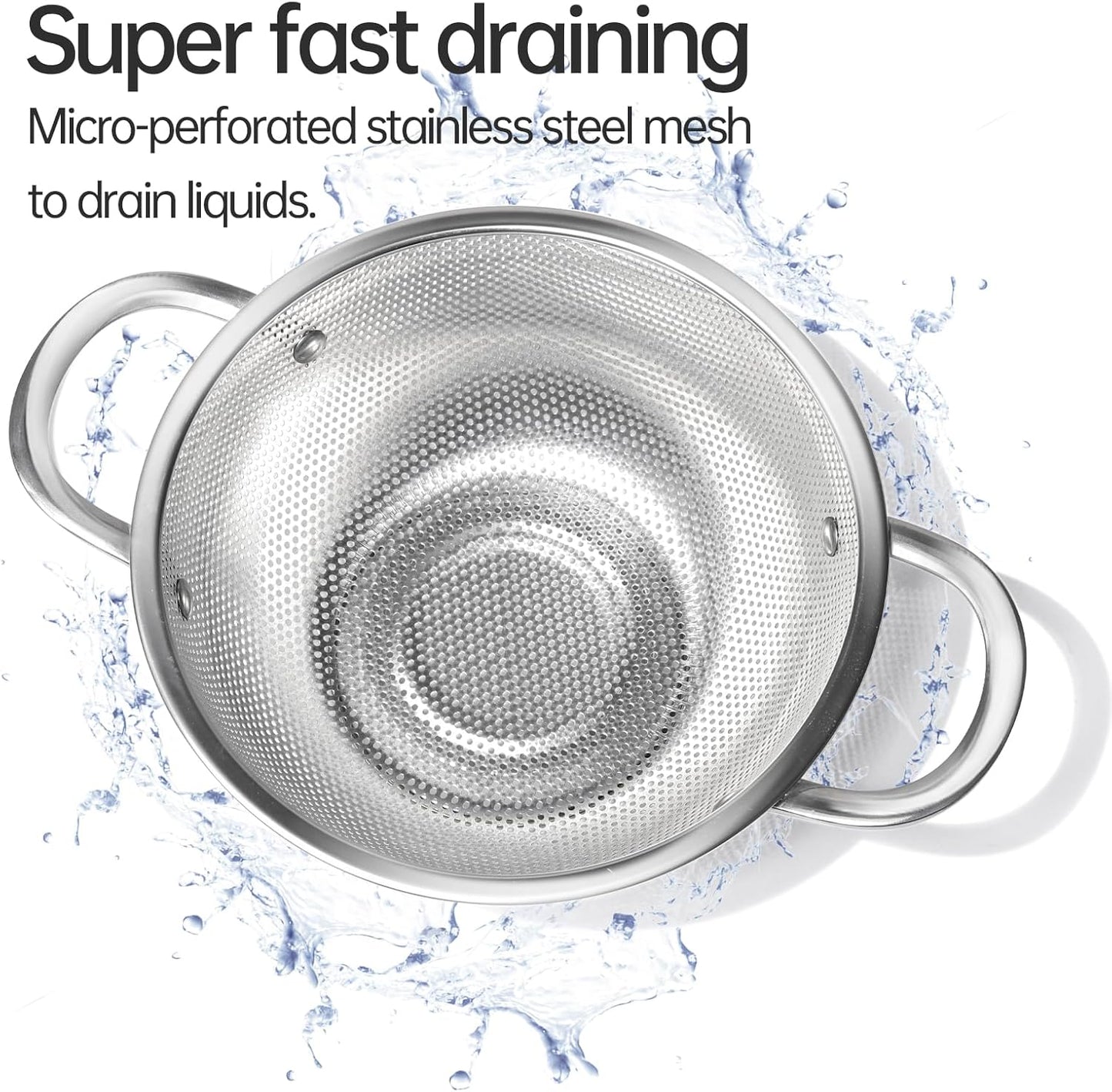 Premium Stainless Steel Colander for Kitchen, Food Strainer Basket with Handle and Solid Ring Base for Fruits Vegetables Rice and Pasta, Dishwasher Safe (3QT)