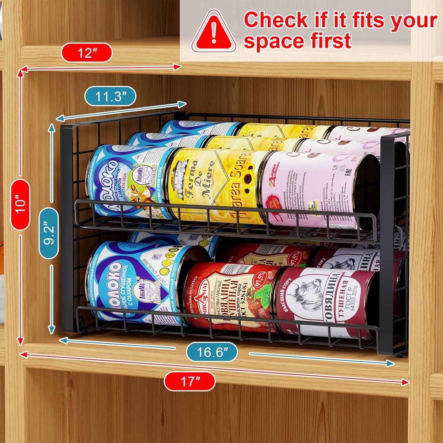 2 Pack Stackable Can Organizer for Pantry, Adjustable Can Holder Rack for Canned Food Soda Drink Goods Storage up to 60 Cans Storage, 2-Tier, Black