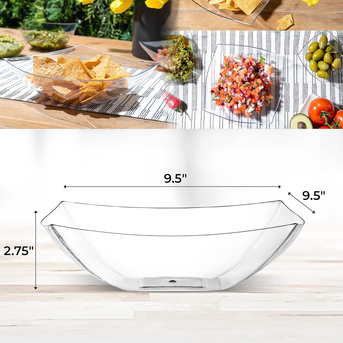 Posh Setting - Clear Plastic Serving Bowls (64oz - 4 Pack) Square, Disposable, Candy & Fruit Bowls for Party Table, Candy Containers