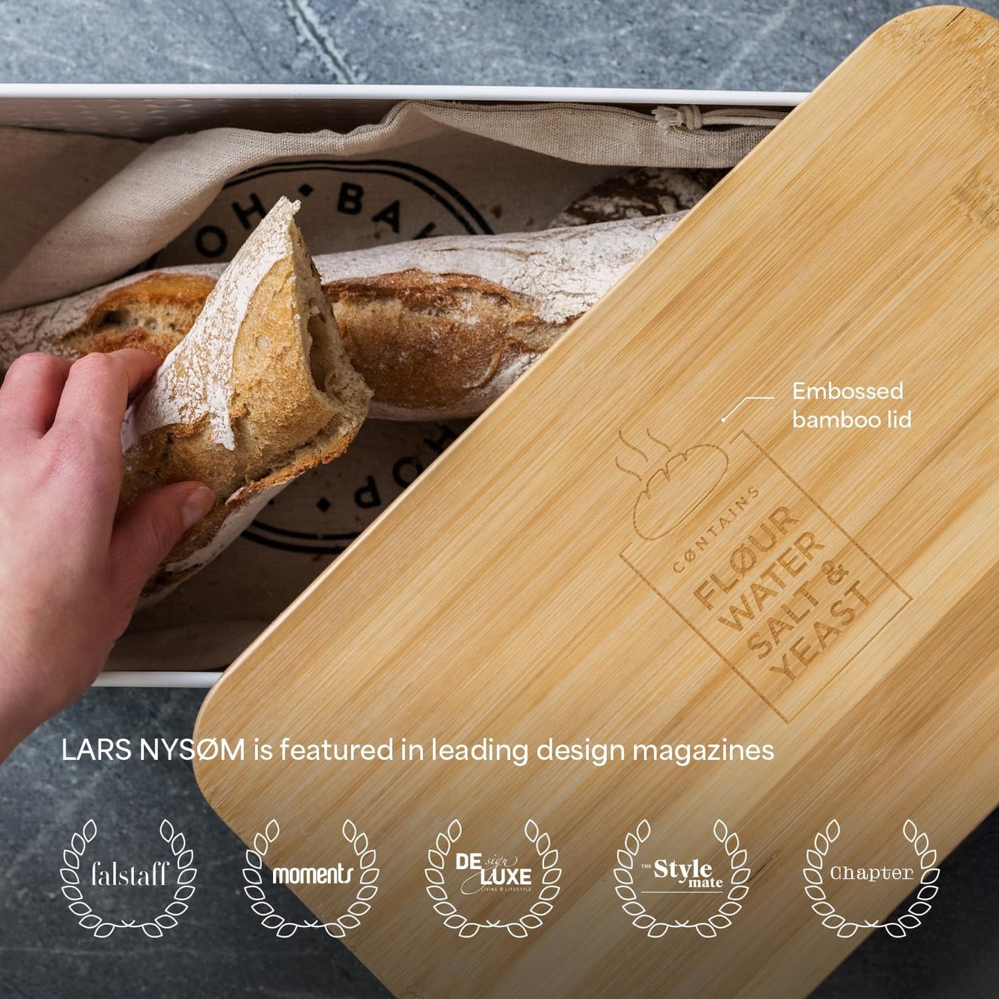 LARS NYSØM Bread Box I Metal Box with linen bag for long lasting freshness I Bread Bin with bamboo lid usable as cutting board I 13.4x7.3x5.3In (Sage Green)