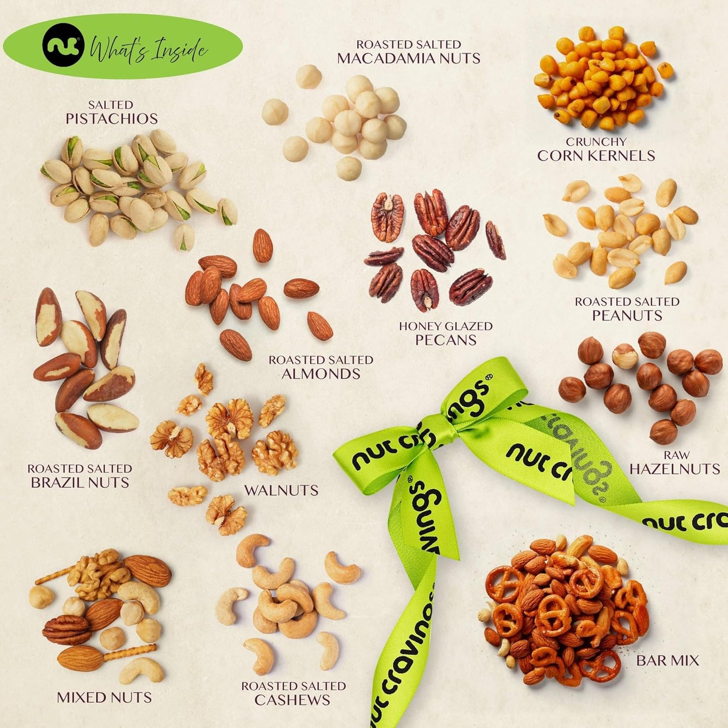 NUT CRAVINGS Gourmet Collection - Happy Birthday Treats, Nuts Gift Basket with Bday Ribbon in Reusable Wooden Tray (12 Assortments) Food Arrangement, Healthy Snack Care Package, Food Assortments