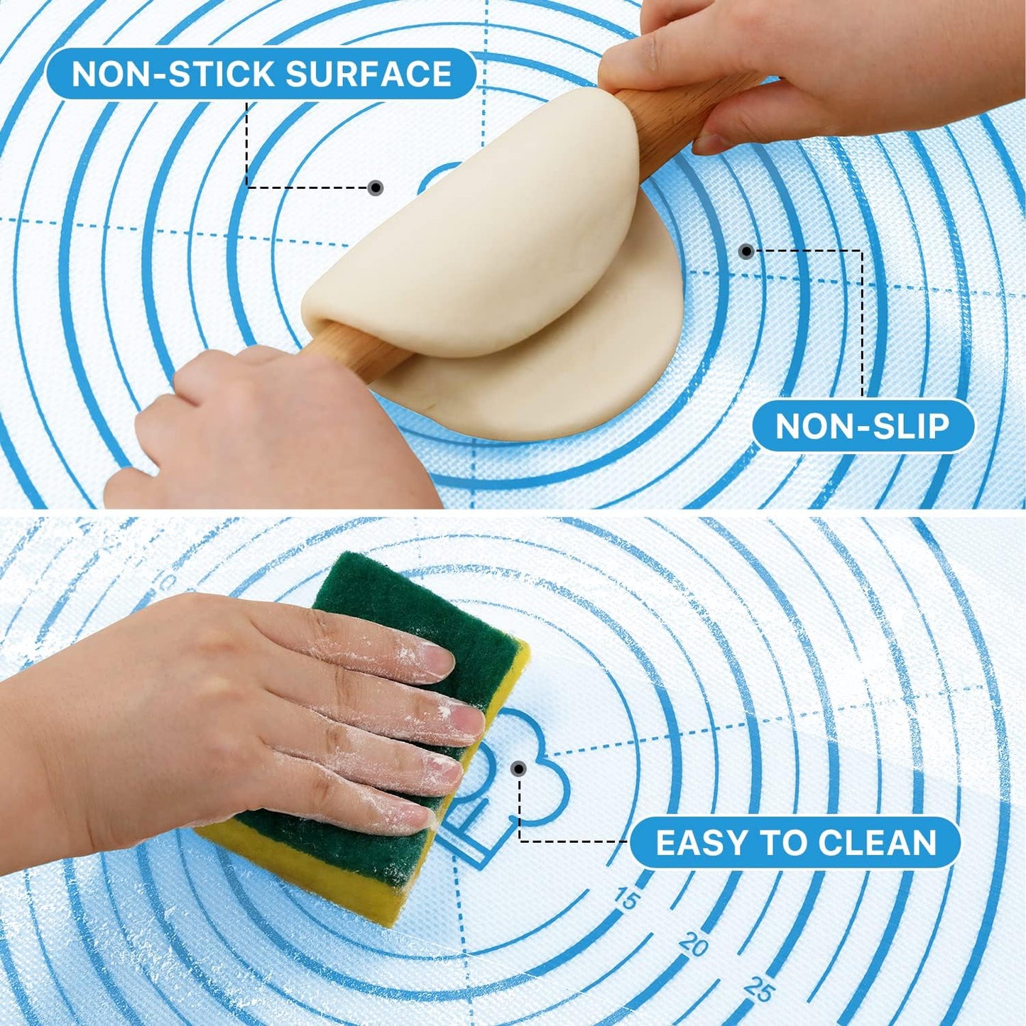 Silicone Pastry Mat,26" x 16" Nonstick Large Durable Silicone Sheet Mat with Measurement Non-slip Dough Rolling Mat for Pie Crust, Pizza, Cookies