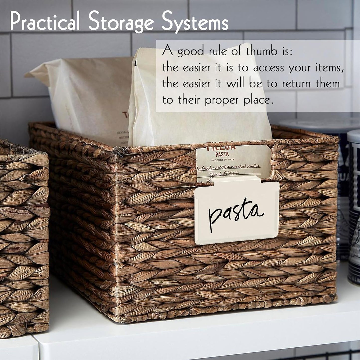 Basket Labels Clip on | Label Holders for Basket or Storage Bins Includes White Chalk Markers (18 Cream Holders + 4 Black Chalk Makers)