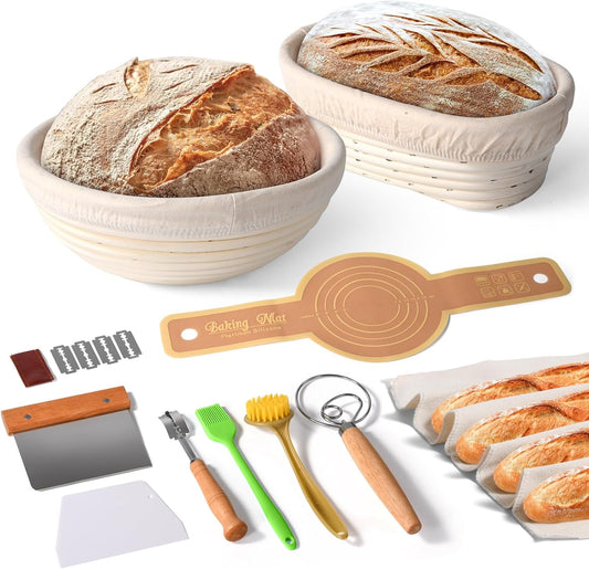 Banneton Bread Proofing Basket Set, 9" Round & 10" Oval Natural Rattan Sourdough Bowl with Linen Liner, Sourdough Starter Kit, Fermented Cloth, Silicone Bread Sling, Ideal for Homemade Bread