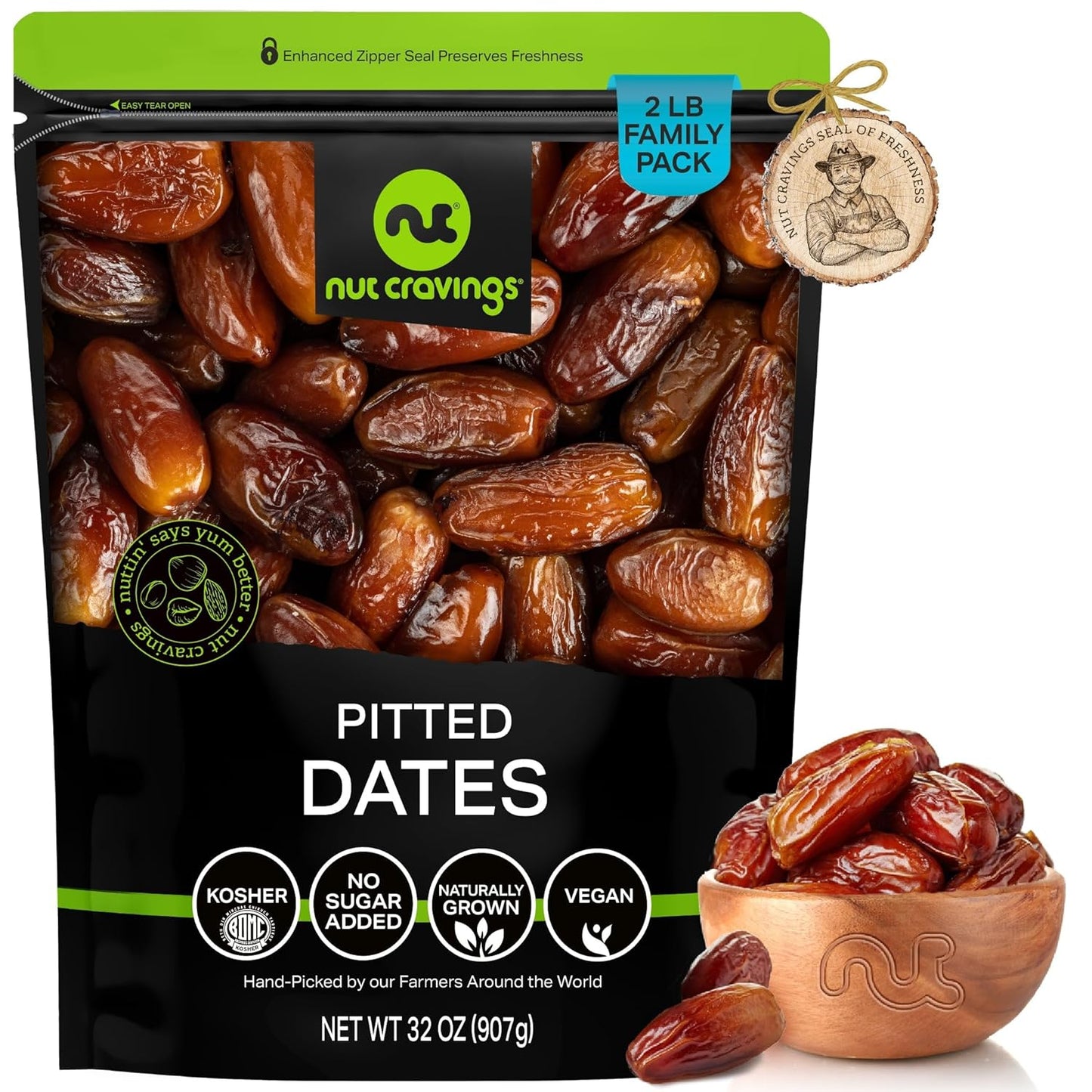 NUT CRAVINGS - Sun Dried Deglet Noor Dates Pitted, No Sugar Added (32oz, 2 LB) Bulk Dry Fruits Packed Fresh in Resealable Bag - Sweet Healthy Snack, Naturally Grown, Vegan, Kosher