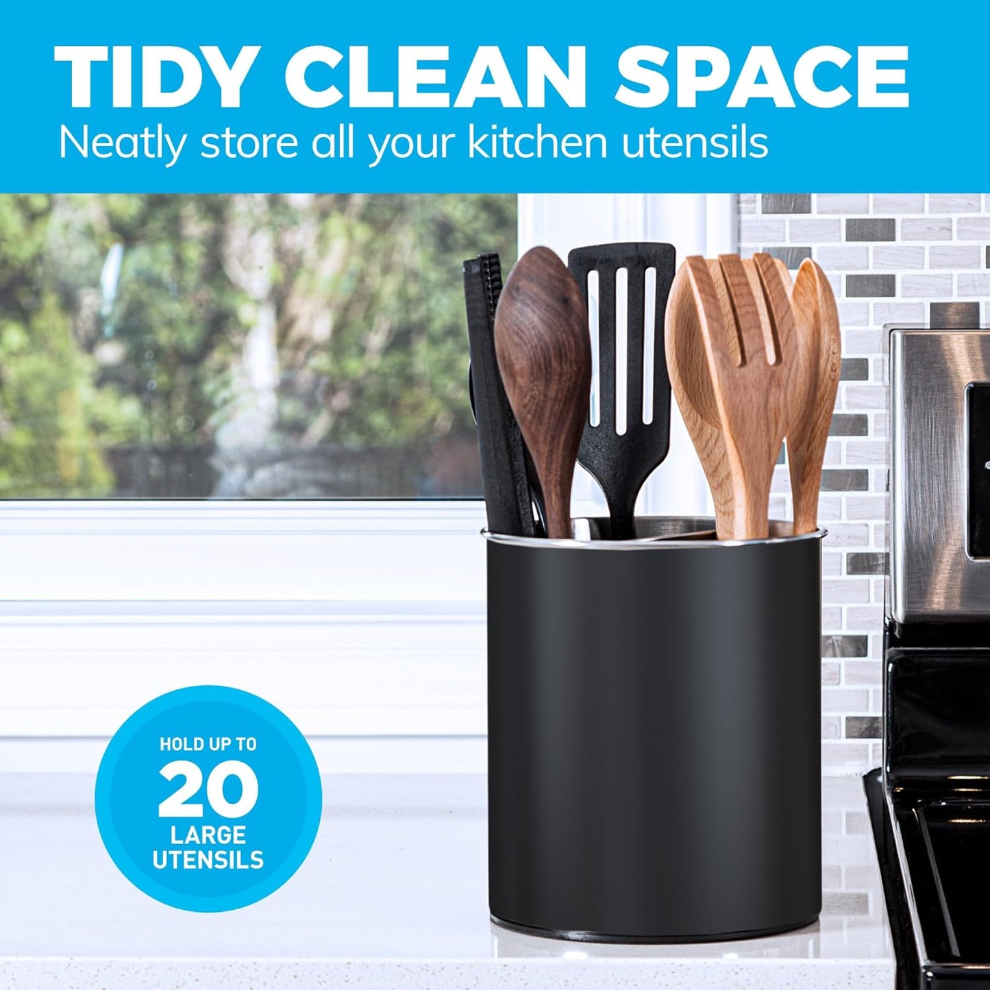 Rotating Extra Large Stainless Steel Utensil Holder Caddy with Sturdy No-Tip Weighted Base, Removable Divider, and Gripped Insert Bottom -Dishwasher Safe Metal Cooking Utensil Holder (Black)