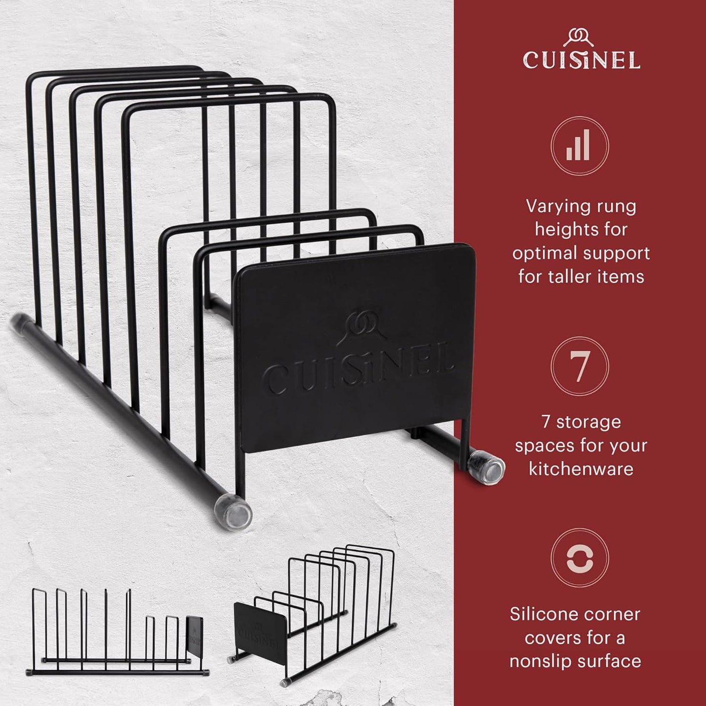 Cuisinel Pot Lid and Dish Organizer Rack - Matte Black Kitchen Storage/Organization Stand - 7-Tier Cabinet/Counter, Cookware, Pots and Pan Lids/Covers, Cutting Board Holder Organizer