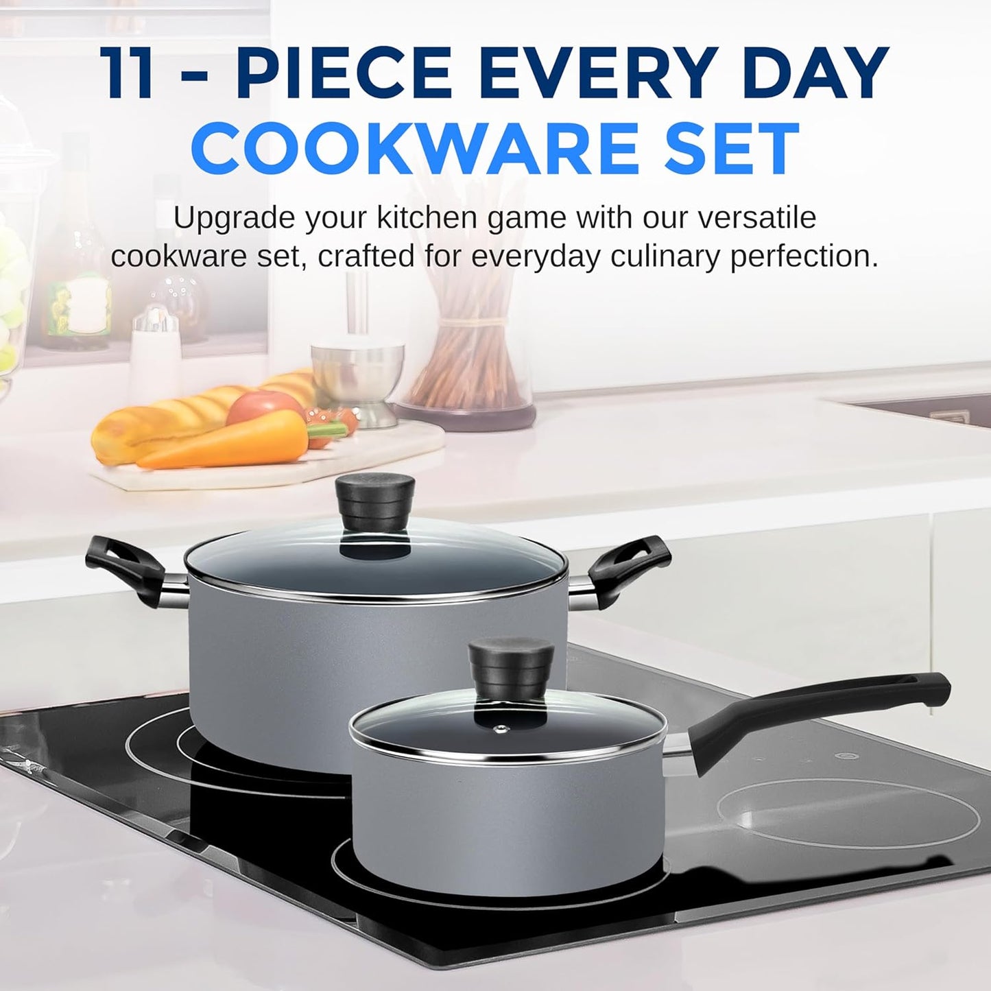 SereneLife Kitchenware Pots & Pans Basic Kitchen Cookware, Black Non-Stick Coating Inside, Heat Resistang Lacquer (11 Piece set), One Size, Gray