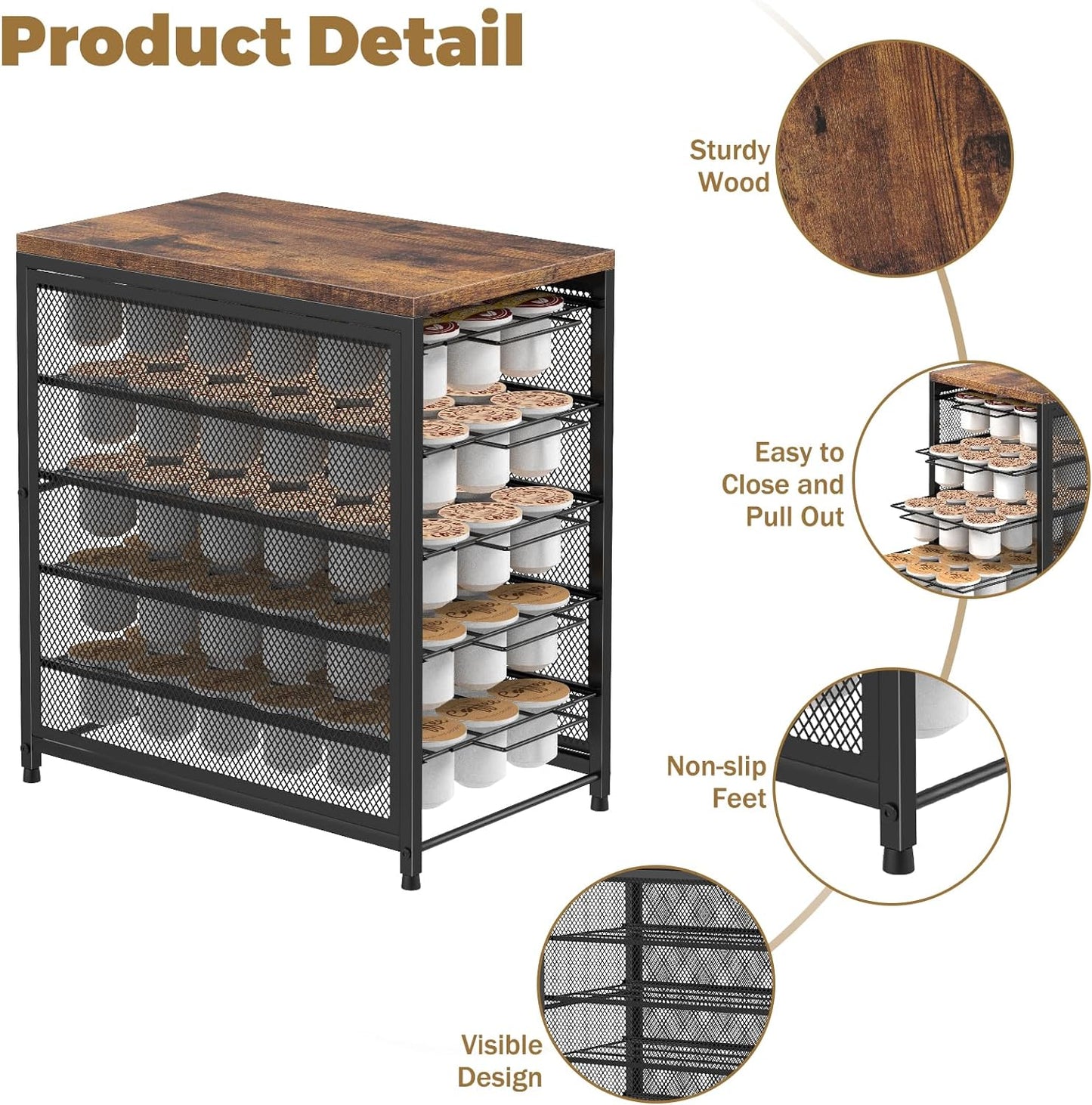 NANANARDOSO Coffee Pod Holder for Counter, 5 Tier Coffee Pod Drawer for Keurig Pod Storage Drawer Holder, 90 Capacity Pods Storage Organizer Cups Capsule with Sliding Baskets for Coffee Station