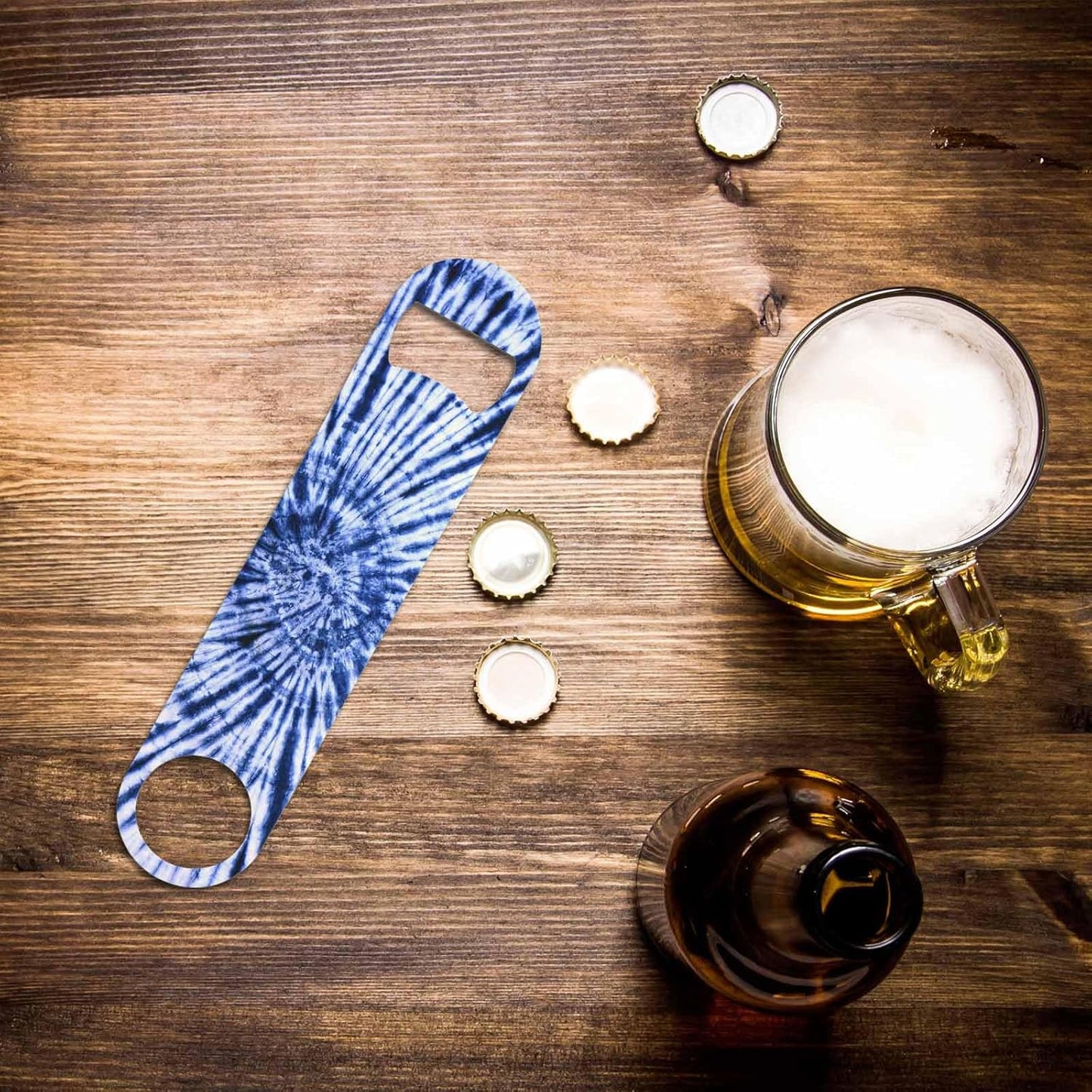 Tie Dye Pattern Stainless Steel Bottle Opener Dark Blue White Spiral Circle Swirl Batik Flat Beer Bottle Opener Keychain for Home Kitchen Bar Restaurant Party Birthday Gift