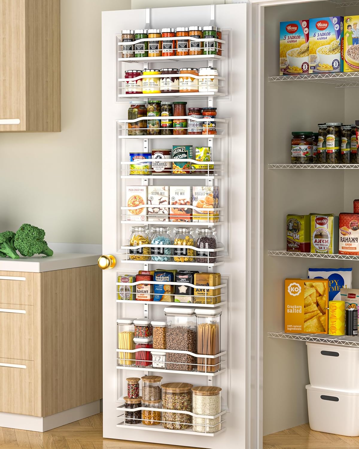 Moforoco White Narrow 9-Tier Over The Door Pantry Organizer, Pantry Organization and Storage, Metal Hanging Basket Wall Spice Rack Seasoning Shelves, 12.2"