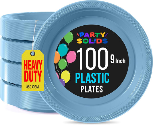 Exquisite Party Solids Light Blue Plastic Plates For Party 9" Light Blue Disposable Plates Heavy Duty Supplies 100 Pcs Plastic Dinnerware Sets Heavy Duty 350 GSM Disposable Dinnerware Set