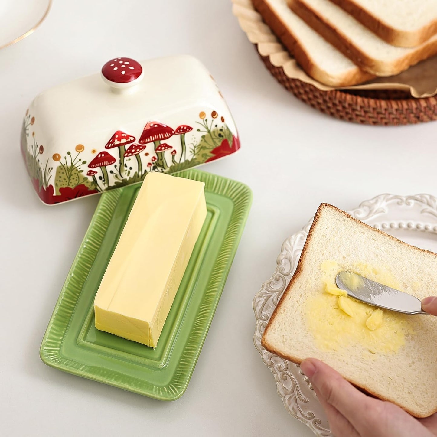 Fungi Fun Mushroom Butter Dish With Lid For Countertop Ceramic Butterdish, Red Mushroom Butter Container, Butter Tray Large Butter Dish Covered (White, Standard)