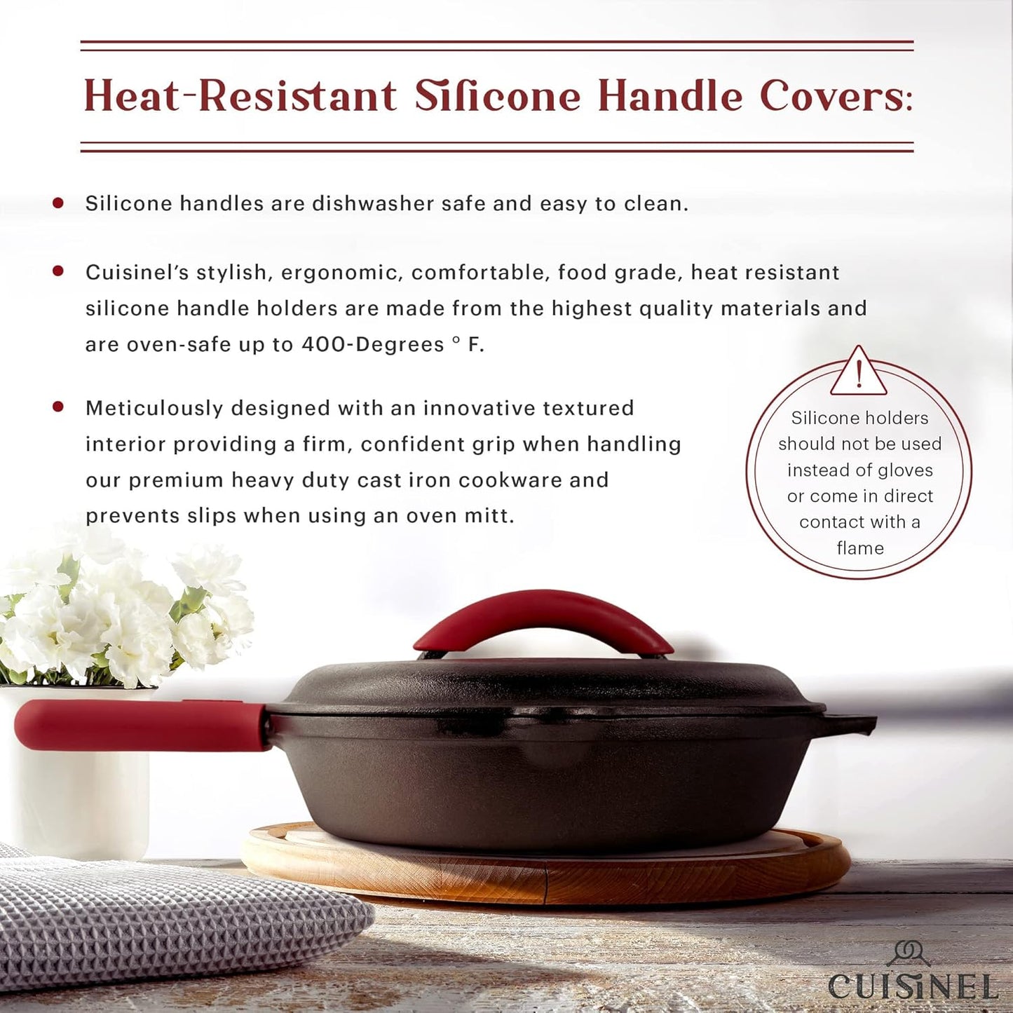 Cuisinel Cast Iron Skillets Set with Lids - 8"+10"+12"-inch Pre-Seasoned Covered Frying Pan Set + Silicone Handle and Lid Holders + Scraper/Cleaner - Use Cookware Indoor/Outdoor, Oven, Stovetop, Fire