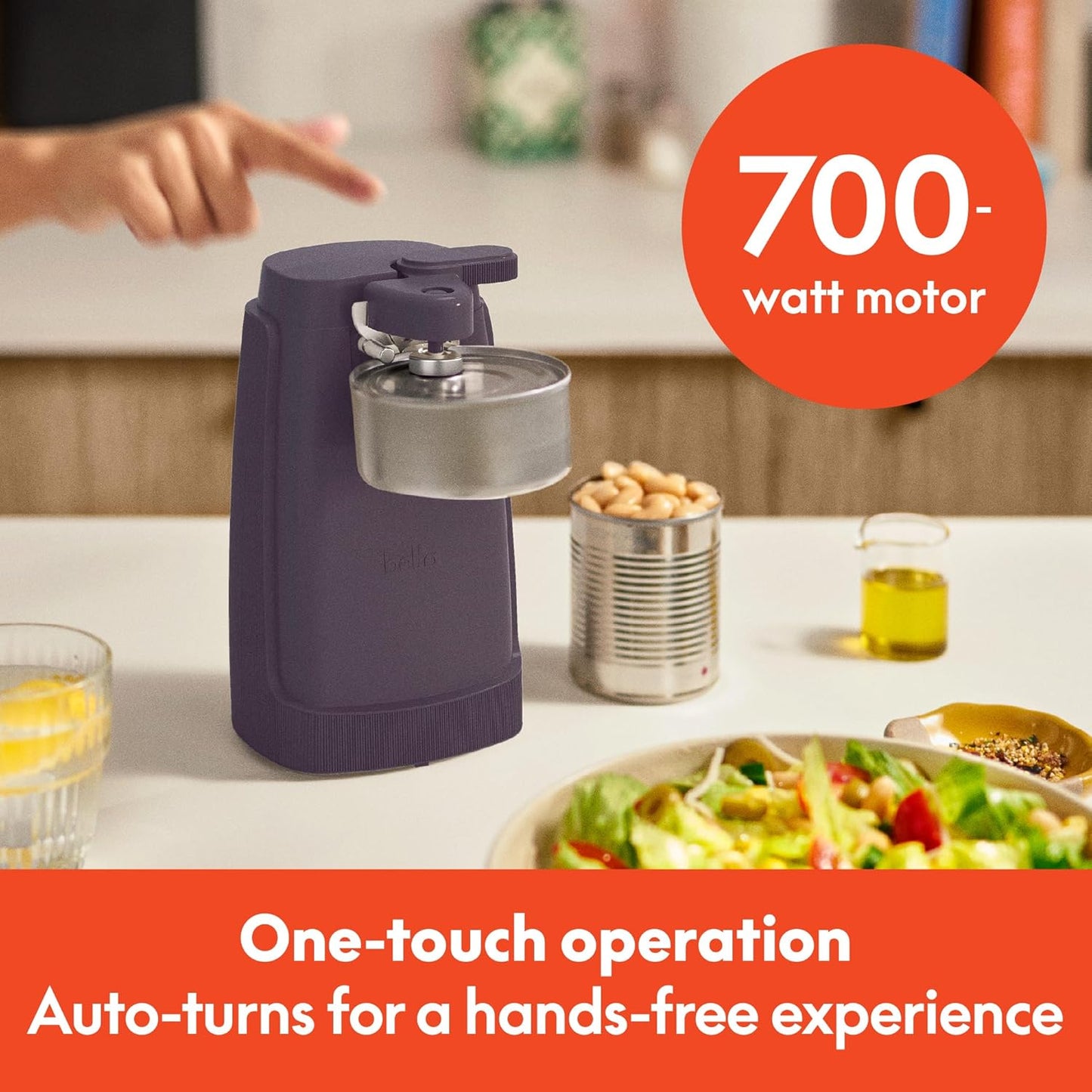 bella Electric Can Opener and Knife Sharpener, Multifunctional Jar and Bottle Opener with Removable Cutting Lever and Cord Storage, Stainless Steel Blade, Plum