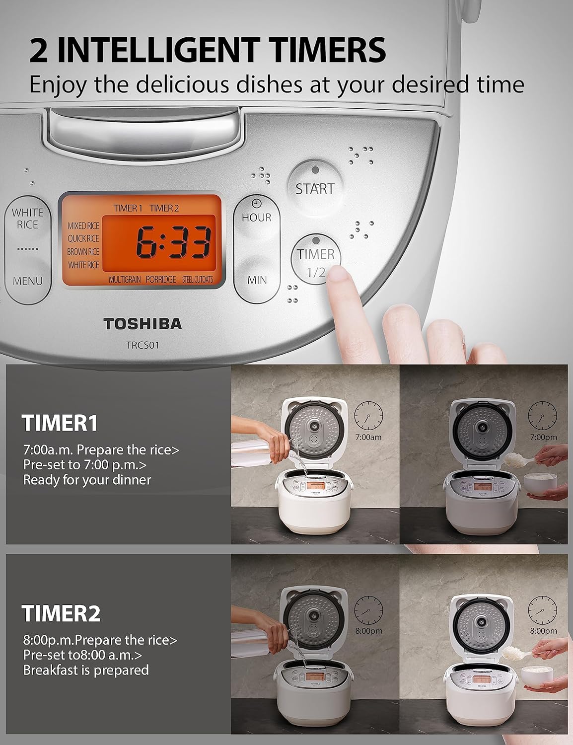 Toshiba Rice Cooker 6 Cup Uncooked – Japanese Rice Cooker with Fuzzy Logic Technology, 7 Cooking Functions, Digital Display, 2 Delay Timers and Auto Keep Warm, Non-Stick Inner Pot, White
