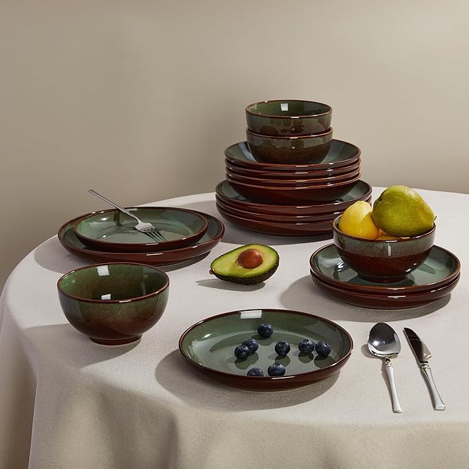 Stoneware Dinnerware Sets Service for 12, 36 pcs Reactive Glaze Plates and Bowls Sets, Handmade Ceramic Dish Set, Highly Chip and Crack Resistant Modern Plate Set, Brown Green