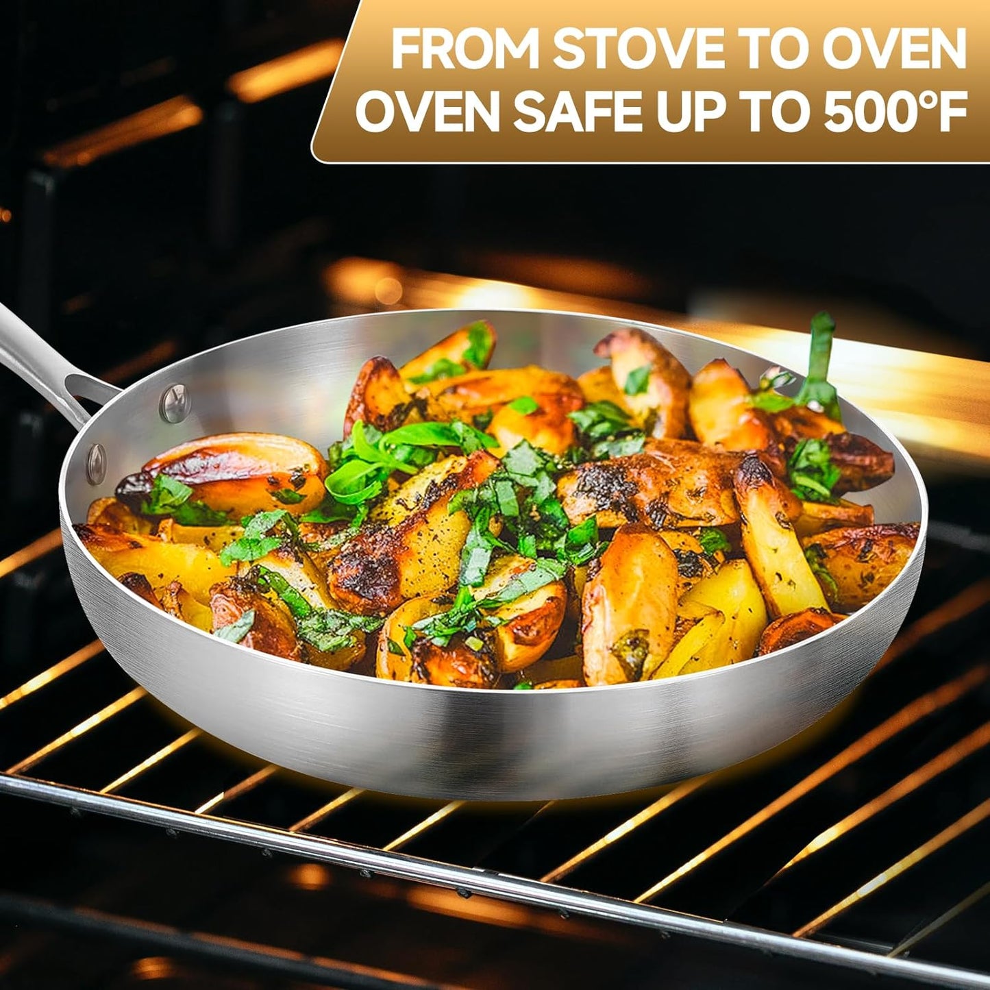 Inqibee Tri-Ply Stainless Steel Frying Pan Set of 3 with Lid,Skillets,Induction Cooking Pans Set,Riveted Handle,Eevn Heating and Oven Safe,8-9.5-11 Inch