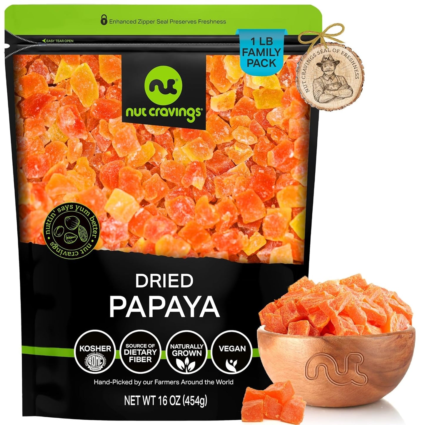 NUT CRAVINGS - Sun Dried Papaya Chunks, Lightly Sweetened (16oz, 1 LB) Bulk Dry Fruits Packed Fresh in Resealable Bag - Sweet Healthy Snack, Naturally Grown, Vegan, Kosher