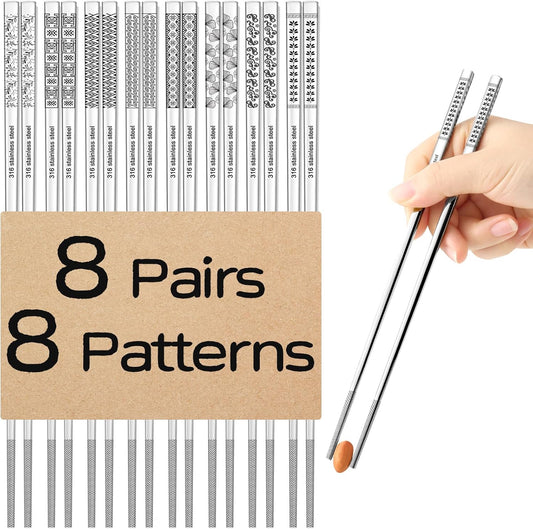 8 Pairs Metal Chopsticks Reusable 18/10 Stainless Steel Chopsticks Set Cute Laser Engraved Non-slip Japanese Korean Chinese Chopstick for Cooking Eating Dishwasher Safe 9.25" Chop Sticks Gift Set