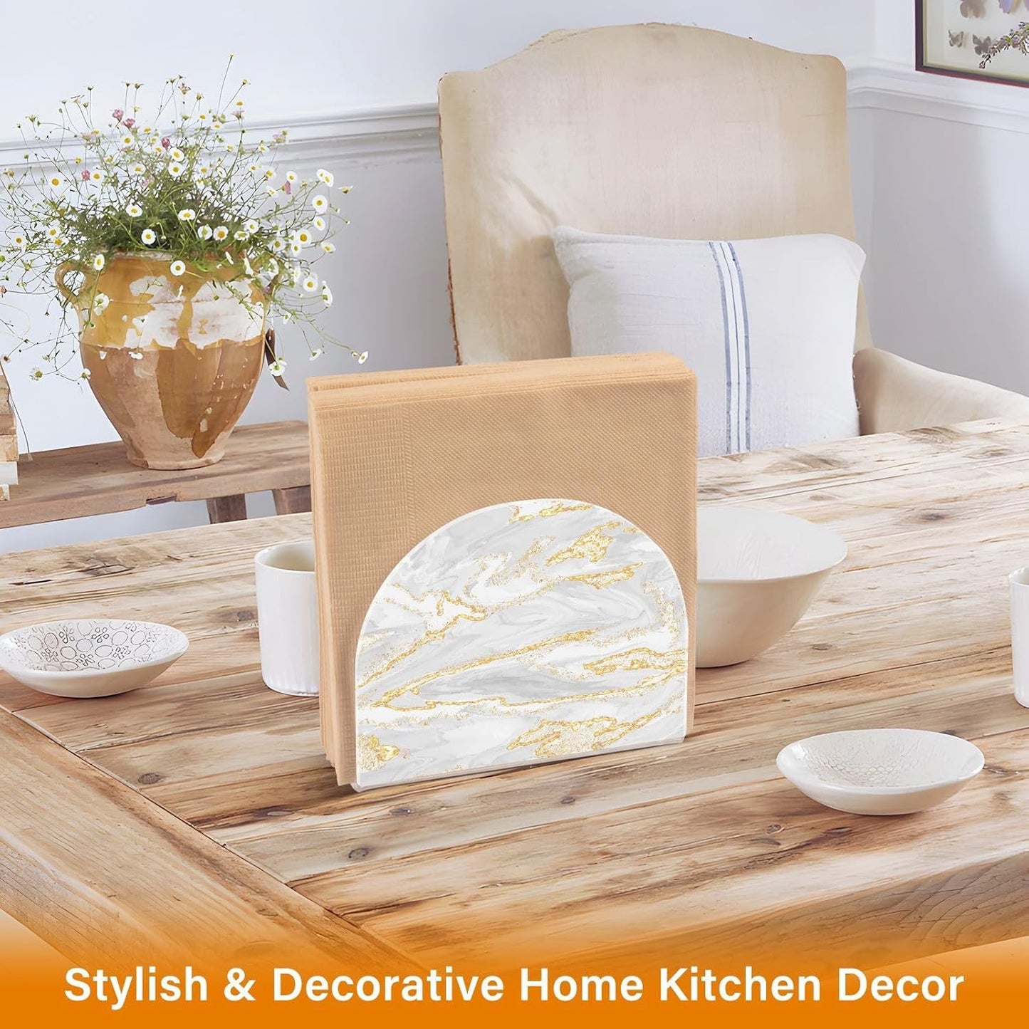 Gold White Marble Napkin Holder for Table Paper Napkins Holder Acrylic Tissue Dispenser Kitchen Dining Room Bathroom Party Car Decor
