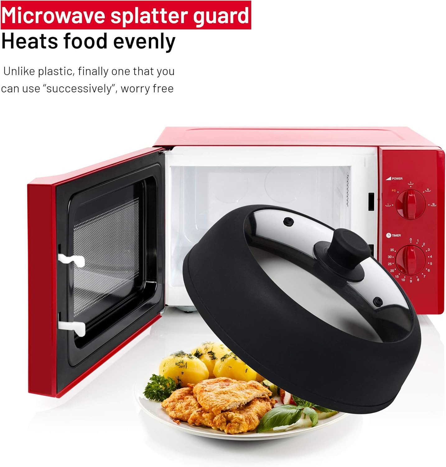 Bezrat Vented Glass Microwave Plate Cover | Large 12-inch Splatter Guard Lid | Firm Grip Silicone handle | 100% Food Grade | Dishwasher Safe (Black)