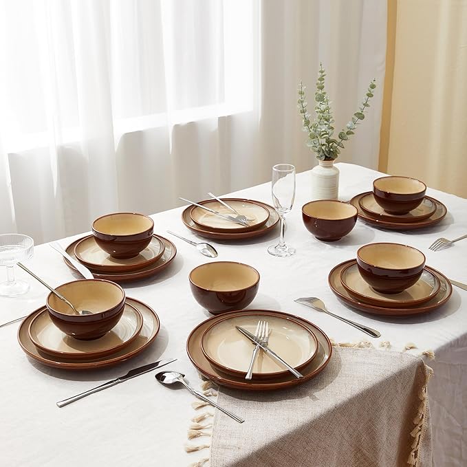 24 Piece Double Bowl Dinnerware Sets with Pasta Bowls, Highly Chip and Crack Resistant Plates and Bowls Sets, Natural Earthyware Ceramic Dishware Sets, Service for 6 Brown Yellow