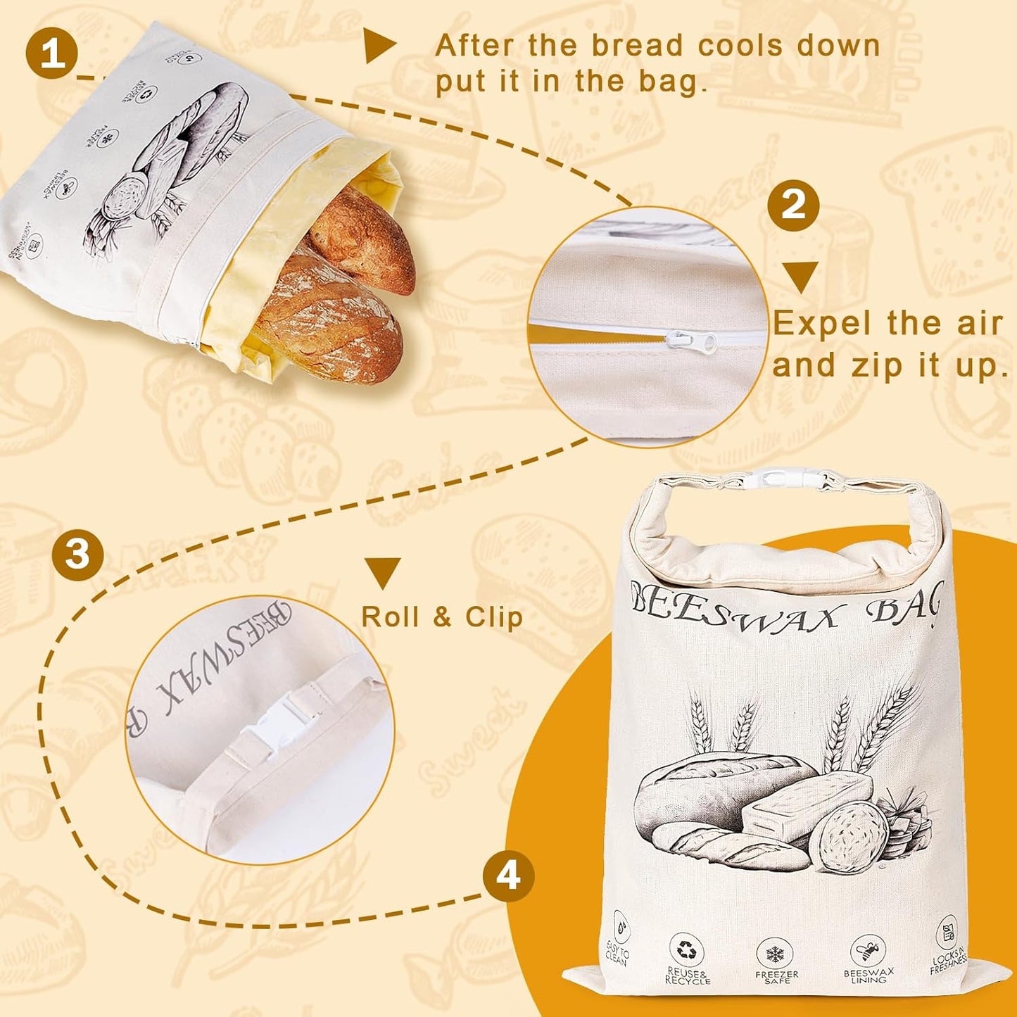 2-Pack Reusable Beeswax Bread Bags for Sourdough & Homemade Bread，Cotton Waxed Bags Keeps Fresh Longer(Azure Petals)
