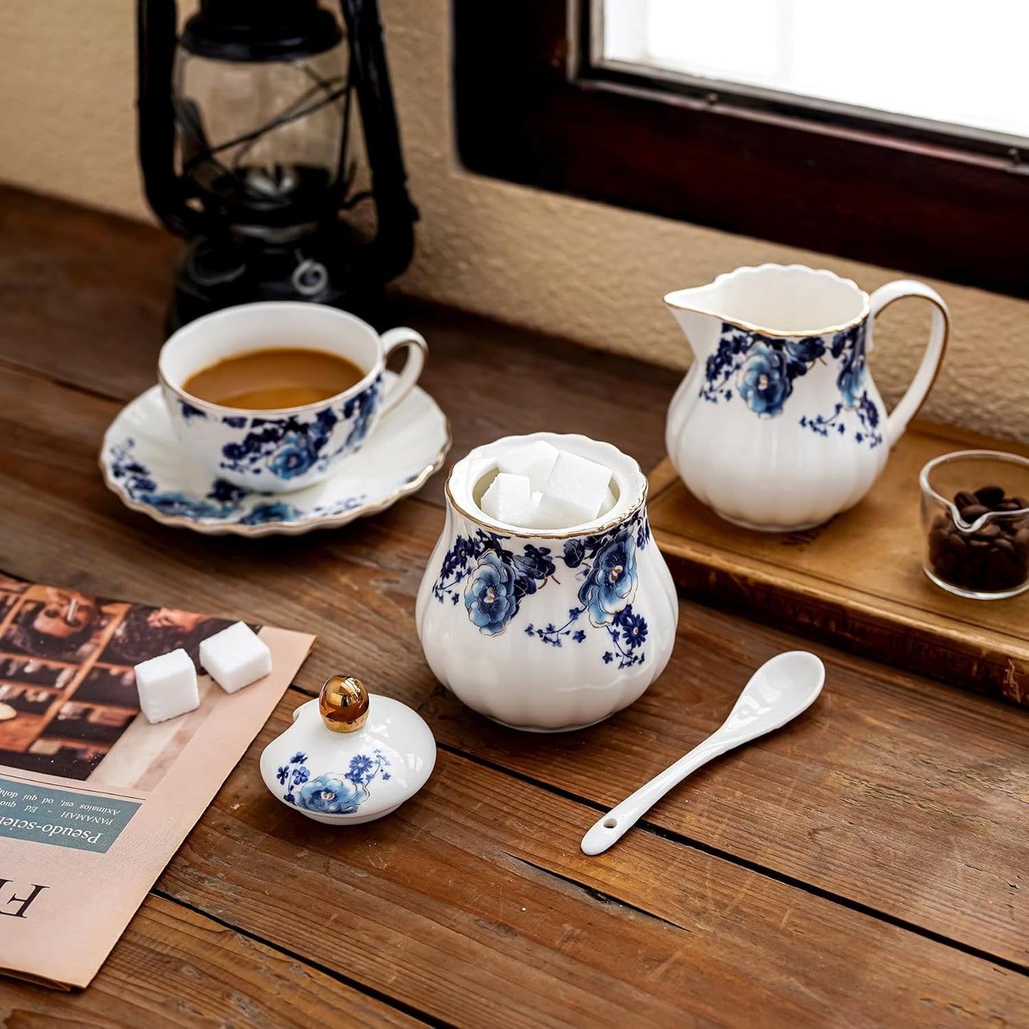 Ceramic Sugar and Creamer Set, 3 Piece with Cream Pitcher, Sugar Bowl with Lid and Spoon,Coffee and Tea Serving Set (White with blue flower)