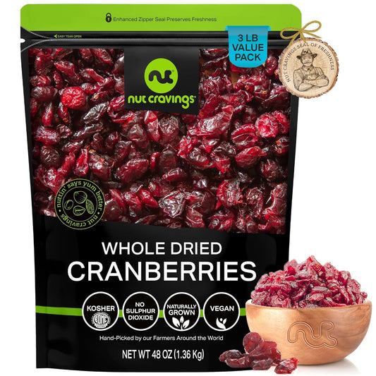 NUT CRAVINGS - Sun Dried Whole Cranberries, Lightly Sweetened (48oz, 3 LB) Bulk Dry Fruits Packed Fresh in Resealable Bag - Sweet Healthy Snack, Naturally Grown, Vegan, Kosher
