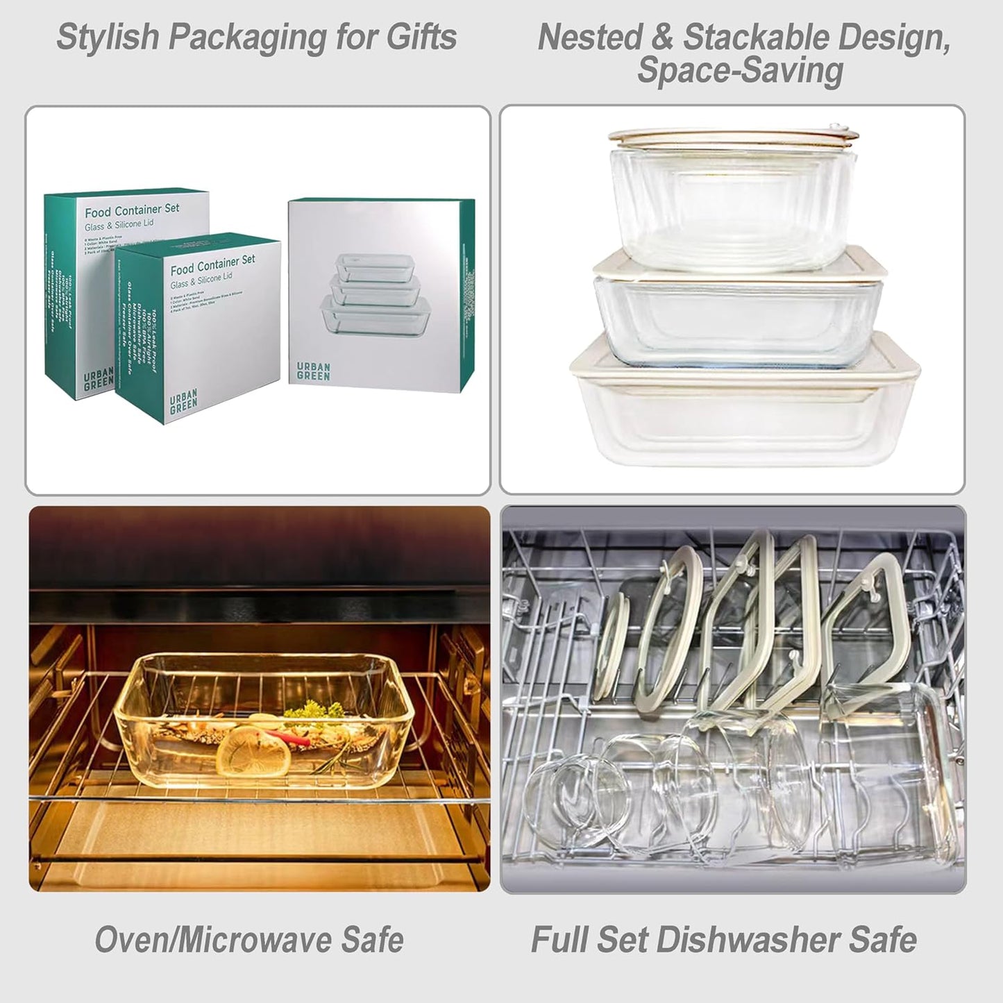 Urban Green Glass Food Container Set with Glass Lid, 4 Pack, Meal Prep Containers with Silicone Framed Airtight Lid, Leakproof, 100% Plastic Free,