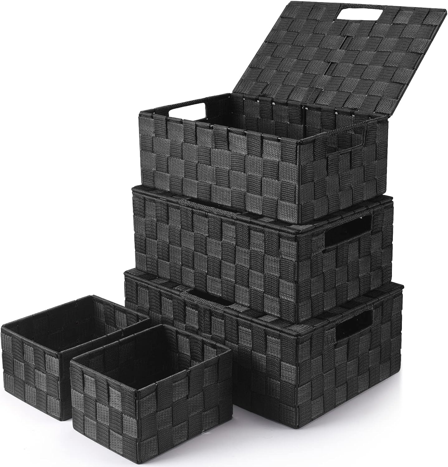 Storage Bins Baskets for Organizing with Lids, Storage Baskets for Shelves Stackable Woven Basket, Gift Small Basket Storage Cubes, Decorative Wicker Basket with Built-in Handles (5 Pack, Black)