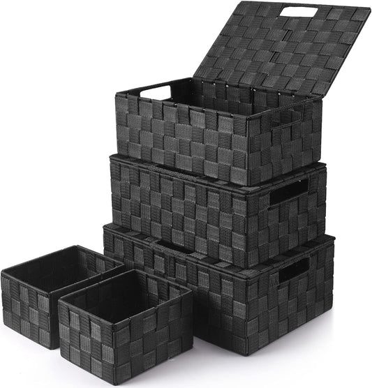 Storage Bins Baskets for Organizing with Lids, Storage Baskets for Shelves Stackable Woven Basket, Gift Small Basket Storage Cubes, Decorative Wicker Basket with Built-in Handles (5 Pack, Black)