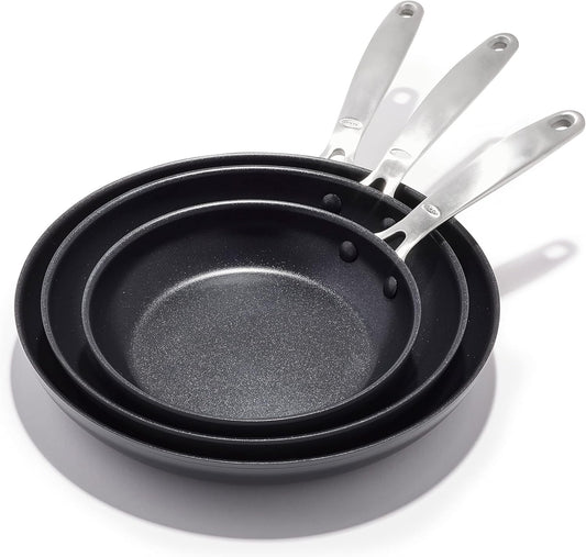 OXO Enhanced, 8" 10" and 12" 3 Piece Frying Pan Skillet Set, Healthy Ceramic Nonstick, PFAS-Free, Stainless Steel Handle, Dishwasher Safe, Oven Safe, Black