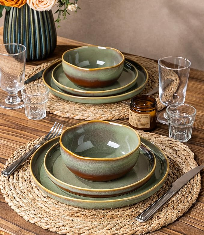 TheTerra Ceramic Dinnerware Sets for 4, 12 Pieces Handmade Reactive Glaze Plates and Bowls Sets, Scratch Resistant Dish Set, Oven & Microwave & Dishwasher Safe, Brown Green