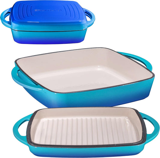 Bruntmor 2-in-1 Pre-Seasoned Square Cast Iron Dutch Oven with Dual Handles, Non Stick Pan with Grill, All-in-One Cookware Set, Cast Iron Casserole Dish with Lid for Braising Dishes,Caribbean Blue