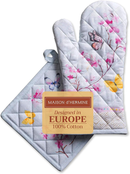 Maison d' Hermine 100% Cotton Oven Mitt & Pot Holder Set (7.5"x13" & 8"x8") Heat Resistant BBQ Cooking Gloves with Loop, Baking, Grilling, Kitchen, Handling Hot Pans Spring/Summer (Blossoms In Spring)