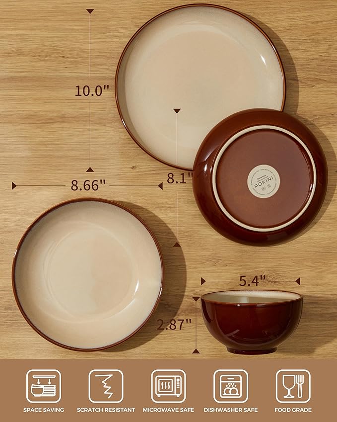 24 Piece Double Bowl Dinnerware Sets with Pasta Bowls, Highly Chip and Crack Resistant Plates and Bowls Sets, Natural Earthyware Ceramic Dishware Sets, Service for 6 Brown Yellow