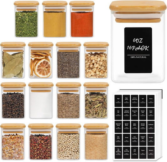 ComSaf 16Pcs Glass Spice Jars with Bamboo Lid, 6oz Airtight Square Containers with 275 Black Lables, Empty Seasoning Jars for Salt Sugar