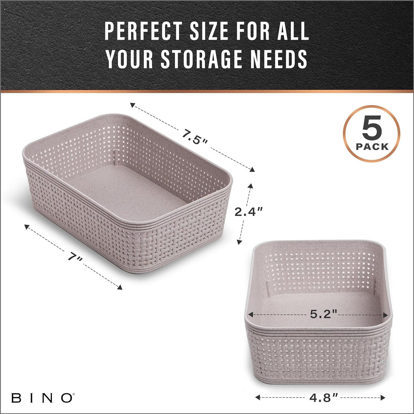 BINO | Woven Plastic Basket | XS (Natural Grey), 5-Pack | THE JUTE COLLECTION | Home Organization, Space - Saving Storage, Stylish Design | Jute Basket | Plastic Storage Basket