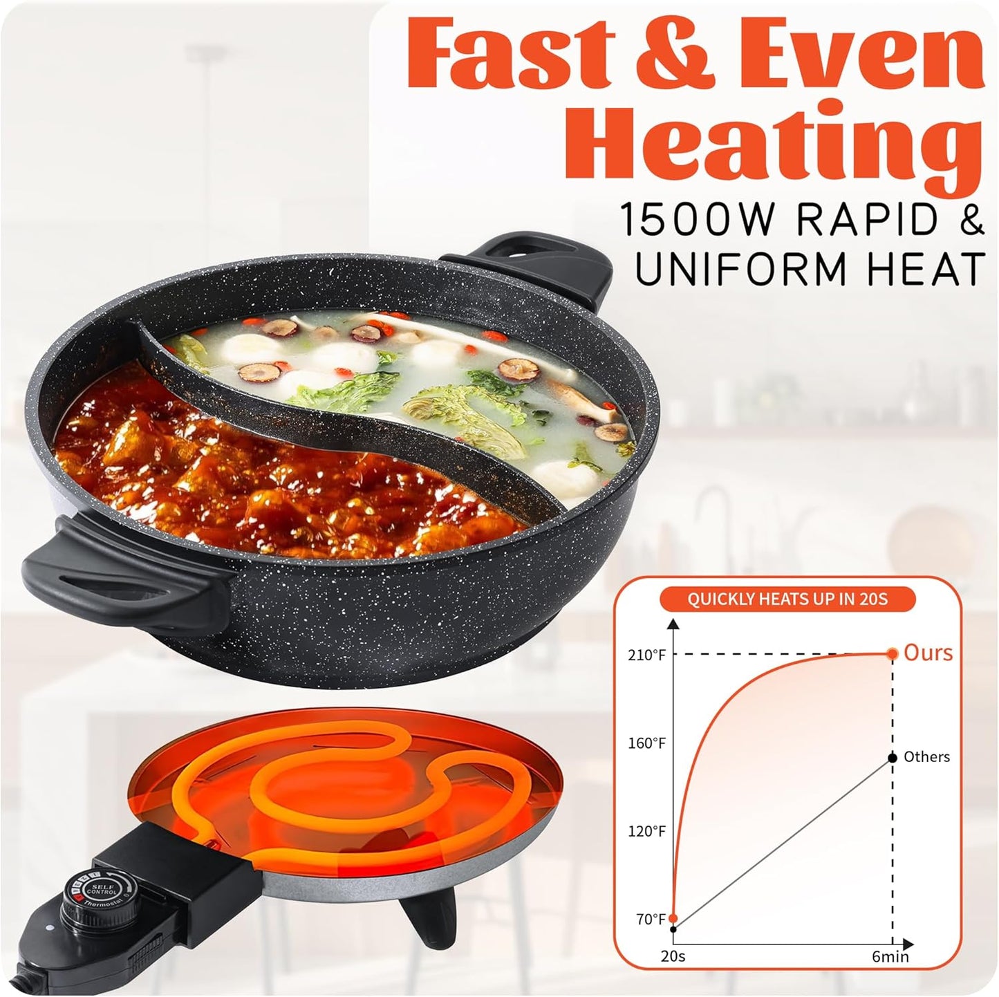 4L Electric Hot Pot with Divider - Dual-Flavor Shabu Shabu Pot with Slow Cooker Function, 1500W, Ideal for Family Meals & Social Gatherings, Black