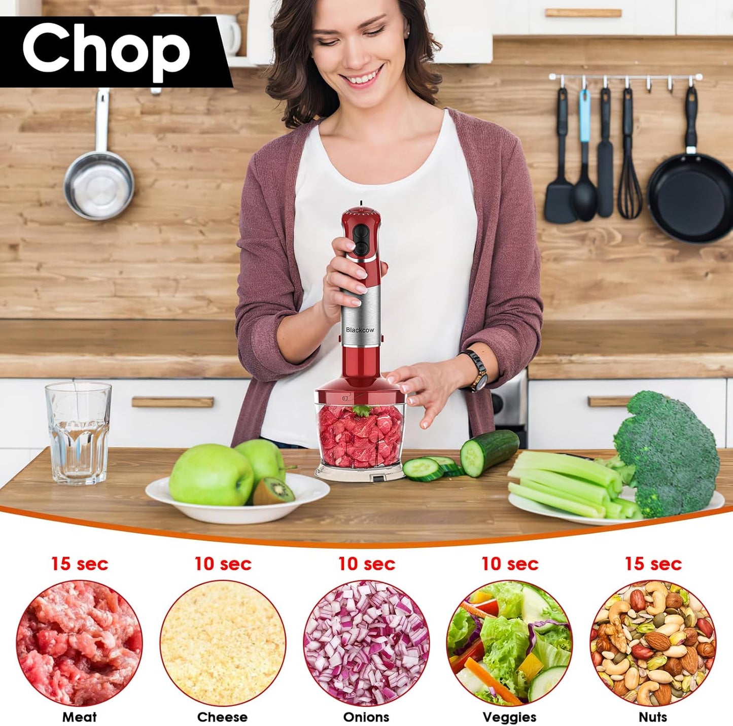 Multi-Use 5 in 1 Immersion Blender 3.0, BPA-Free, 800W 12 Speed Hand Blenders for Kitchen, Copper Motor Stainless Steel Blade Emulsion Blender Handheld with Chopper, Whisk and Frother, Red