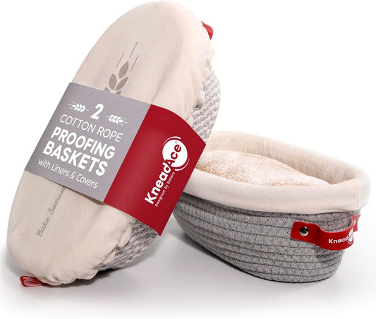 Cotton Rope Banneton Bread Proofing Basket Set, 2 x Oval Bread Basket with Liners & Covers for Artisan Bread Baking, Sourdough Bread Baking Supplies