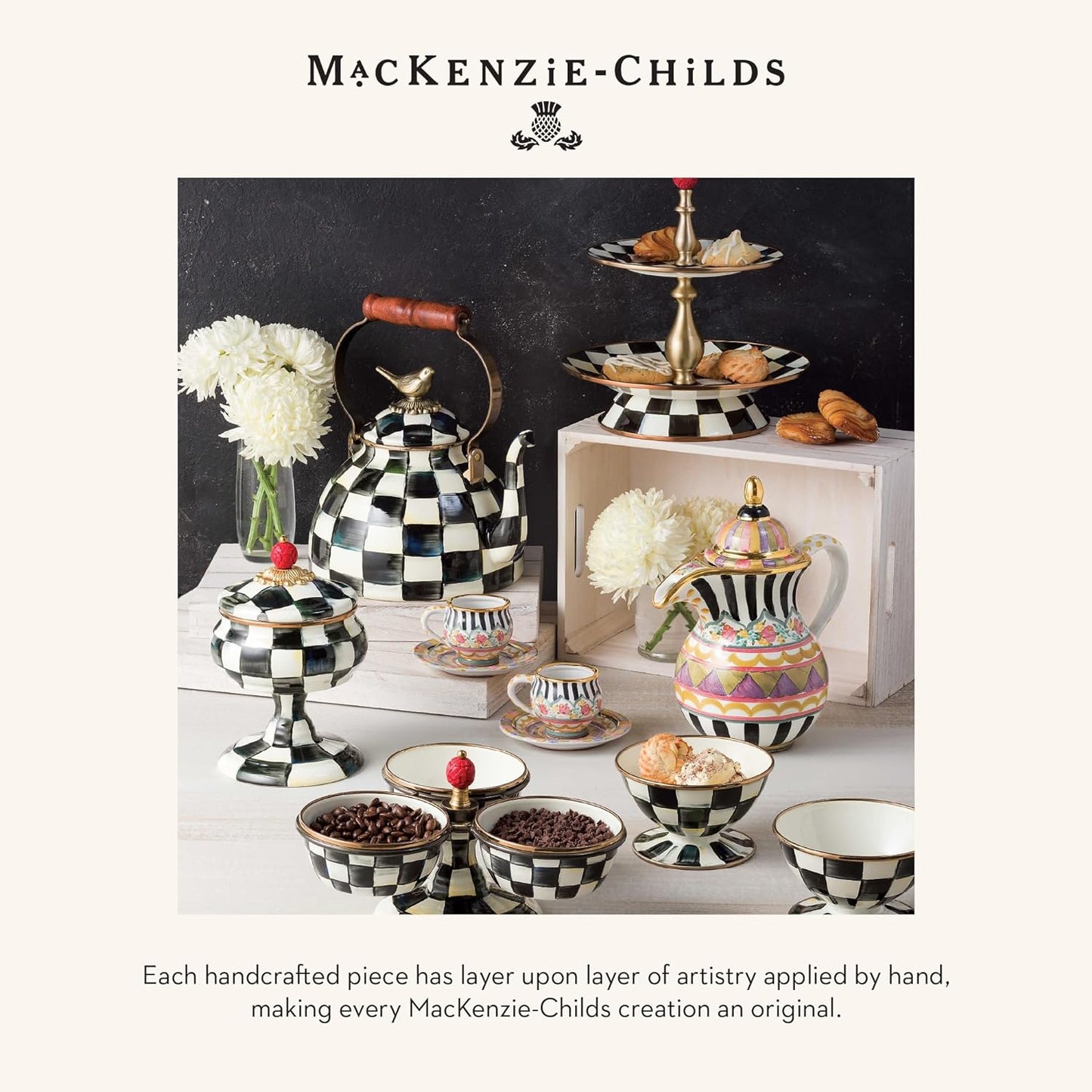 MACKENZIE-CHILDS Enamel Relish Dish, Small Serving Bowl for Entertaining, Black-and-White Courtly Check