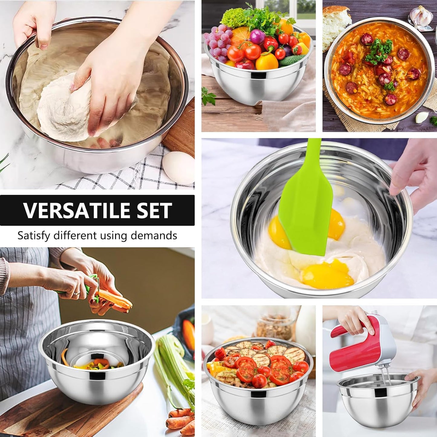 P&P CHEF Mixing Bowl with Lid Set of 7, Stainless Steel Nesting Salad Bowls for Cooking Serving Prepping, Clear Lids & Stackable Design, Size 4.6, 3.5, 3, 2, 1.5, 1, 0.7 Qt - Black