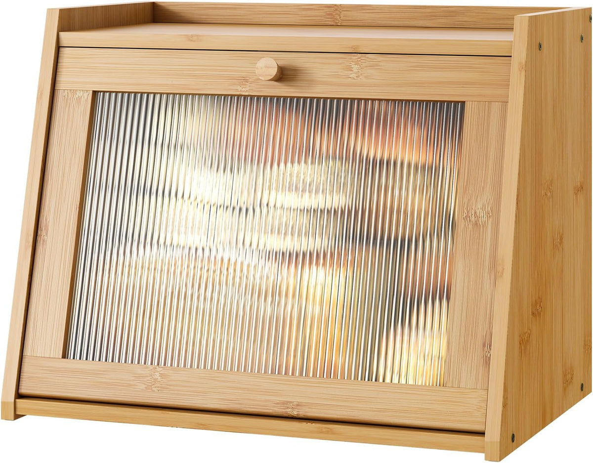 Large Bread Box for Kitchen Counter, Bamboo Bread Storage Container with Wavy Arcylic Transparent Door, Bamboo Wooden Farmhouse Bread Box for Your House