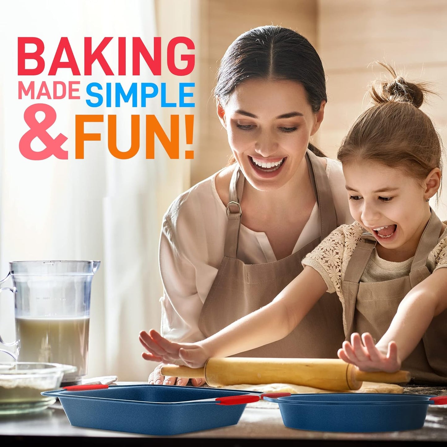 NutriChef 6-Piece Bakeware Set - Nonstick Carbon Steel Baking Pans with Red Silicone Handles, Blue Coating, Durable & Stain-Resistant, Perfect for Baking Cakes, Muffins, Cookies (Blue)